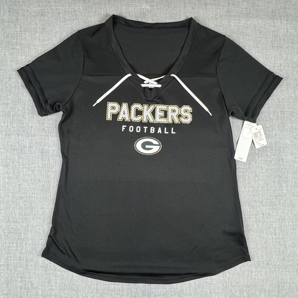 Green Bay Packers Shirt Womens 2XL Black NFL Football Lace Up Team Apparel